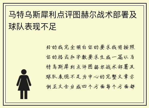 马特乌斯犀利点评图赫尔战术部署及球队表现不足