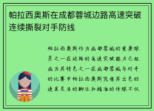 帕拉西奥斯在成都蓉城边路高速突破连续撕裂对手防线