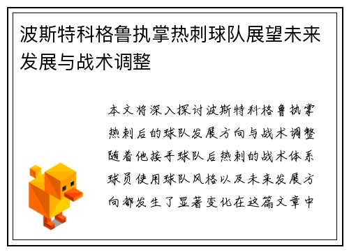 波斯特科格鲁执掌热刺球队展望未来发展与战术调整